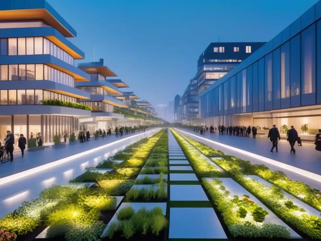 Metrópolis sostenible: luces verdes y naturaleza vibrante Futurista ciudad sostenible con tecnología verde en desarrollo urbano