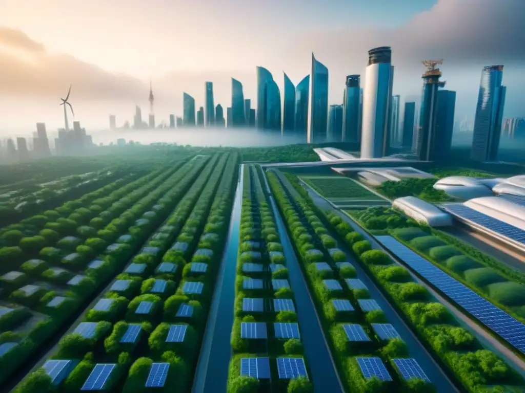 Metrópolis futurista ecoamigable: visión sostenible de la ciudad del mañana Visión futurista de una ciudad sostenible con tecnologías verdes y normativas ambientales en el mercado inmobiliario internacional