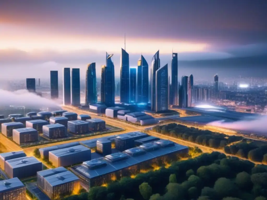 Metropolis futurista con tecnología de gestión de riesgos avanzada Futurista ciudad con tecnología avanzada para reducir costos seguros propiedades alto riesgo