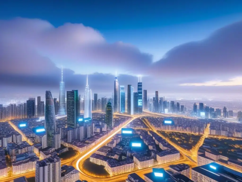 Metrópolis futurista: tecnología de minería de datos en bienes raíces Futurista ciudad con tecnología avanzada y minería de datos en mercado inmobiliario