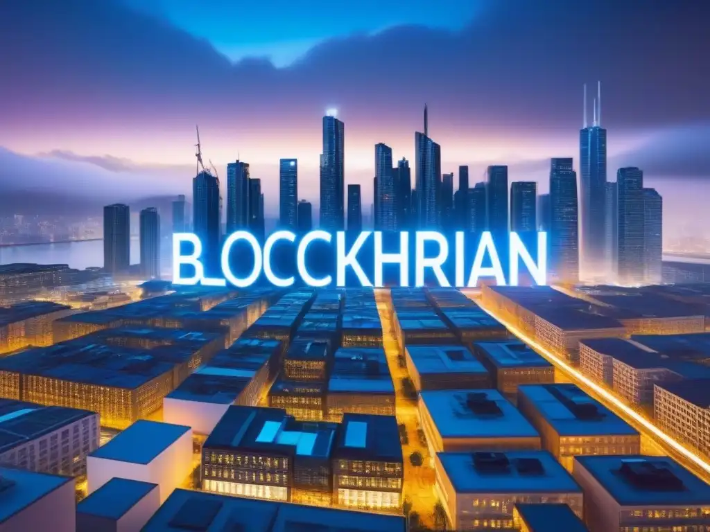 Cityscape futurista con tecnología blockchain en bienes raíces Futurista ciudad con tecnología blockchain en el mercado inmobiliario: contratos inteligentes y títulos digitales en edificios transparentes