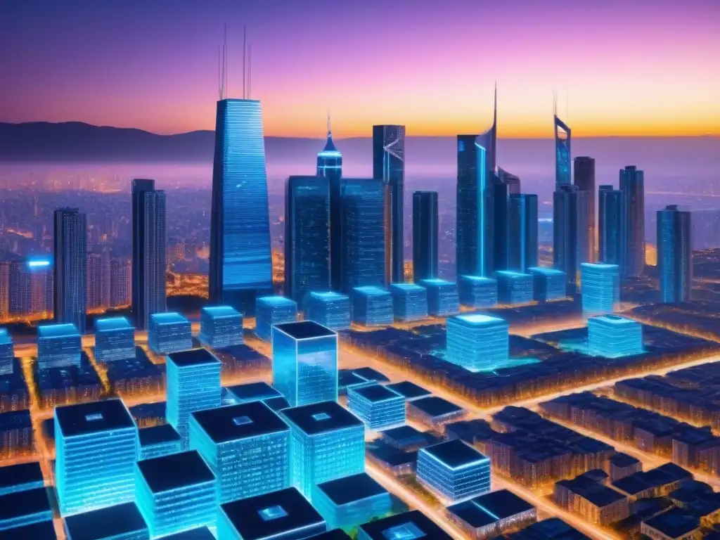Metrópolis futurista: tecnología blockchain iluminada Futurista ciudad con tecnología blockchain en inversión inmobiliaria, edificios conectados por líneas brillantes