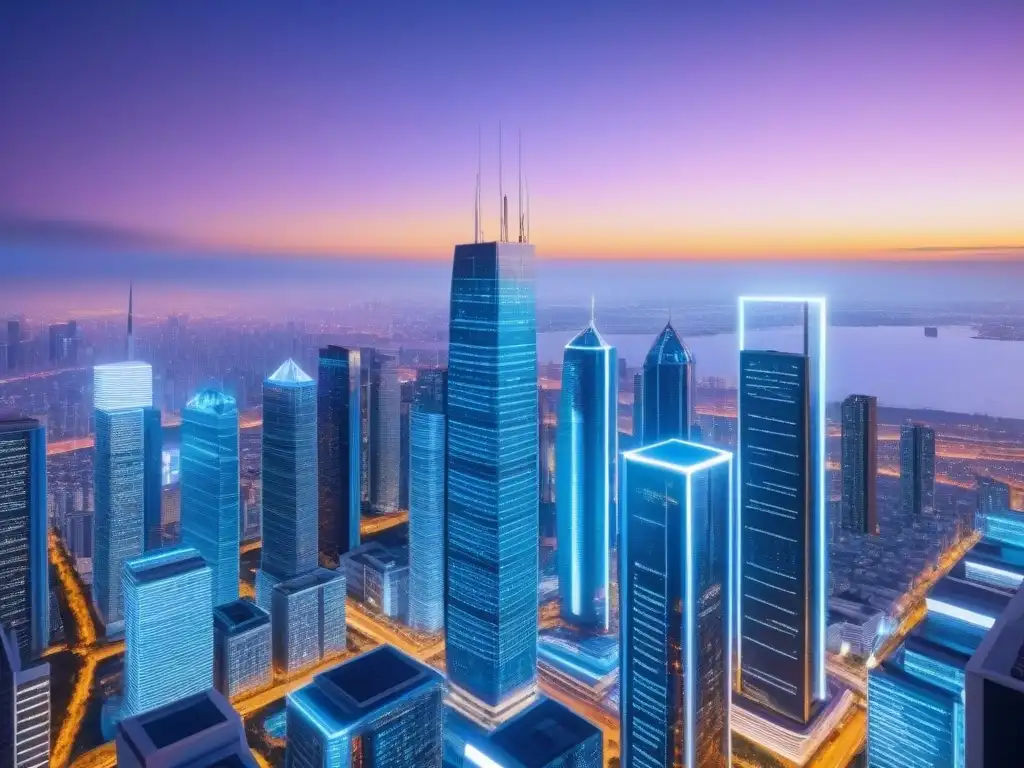 Metrópolis futurista: transacciones inmobiliarias blockchain en vivo Futurista ciudad con tecnología Blockchain y préstamos inmobiliarios