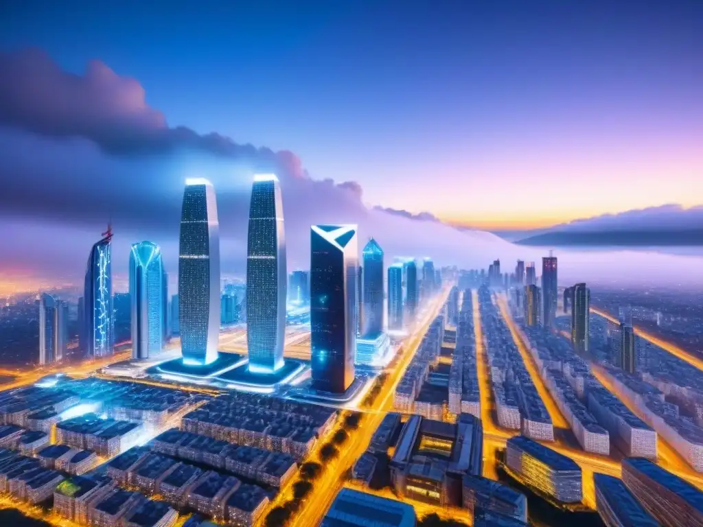 Metrópolis futurista con tecnología blockchain en gestión inmobiliaria Futurista ciudad con tecnología blockchain en gestión de propiedades, infraestructura avanzada y energía vibrante