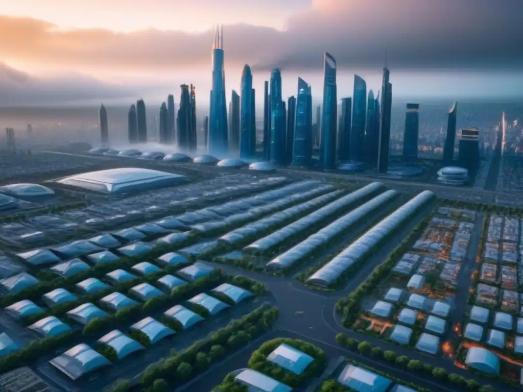 Horizonte futurista: Edificios adaptativos ante desastres naturales Futurista ciudad con tecnologías emergentes para reconstrucción postdesastre