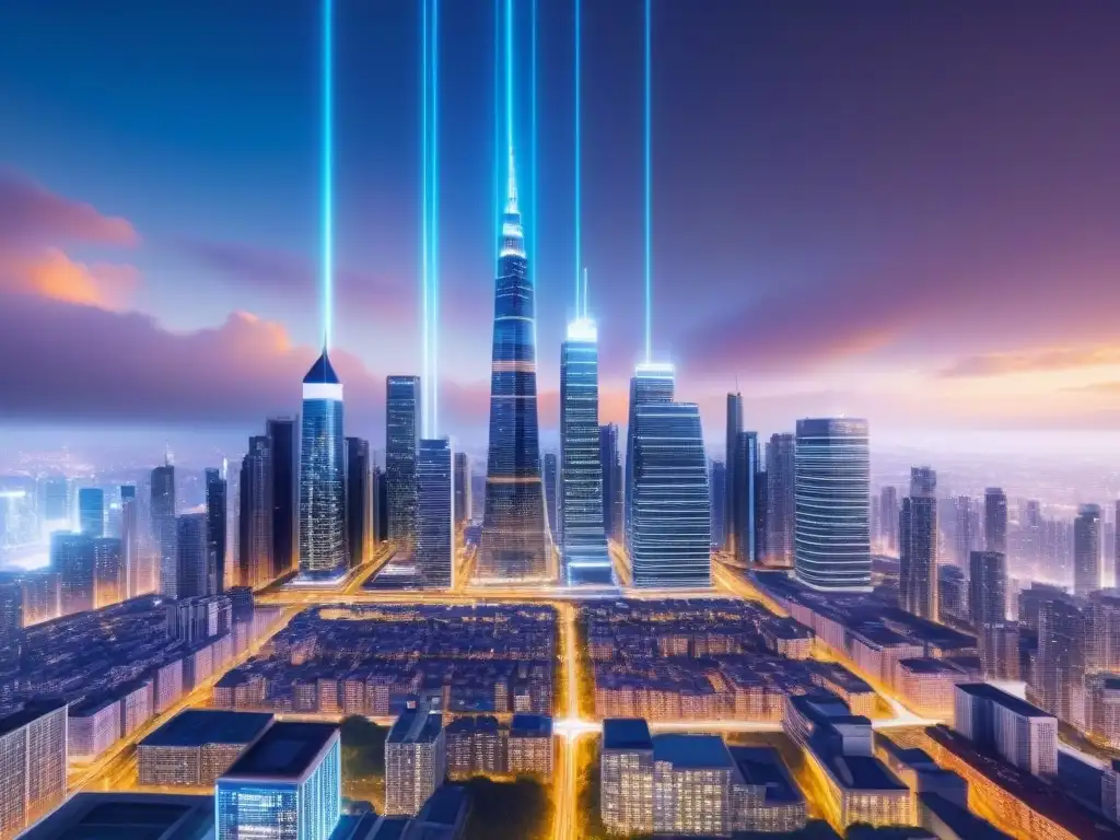 Skyline futurista: tecnología y fusiones inmobiliarias Futurista ciudad tecnológica en fusiones inmobiliarias internacionales