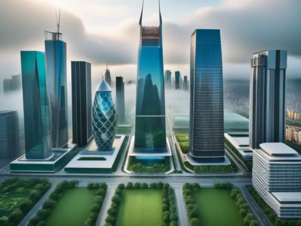 Metrópolis futurista: arquitectura avanzada y población envejecida Futurista ciudad con tendencias construcción inmobiliaria envejecimiento, rascacielos y tecnología avanzada