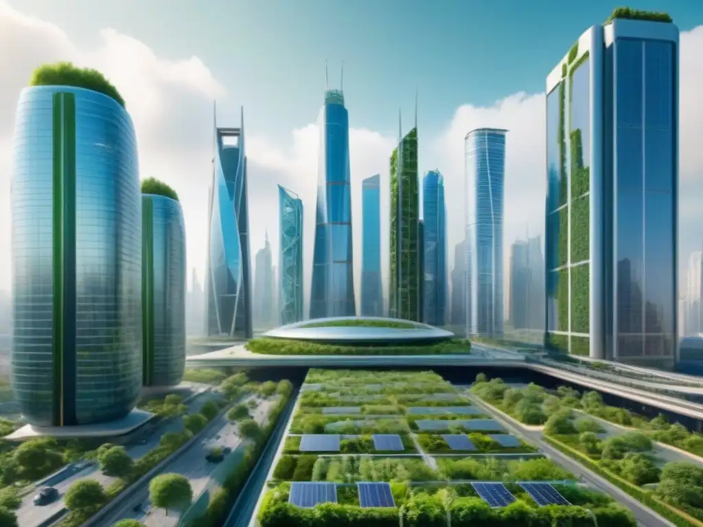 Metrópolis eco-sostenible: Futuro verde en 8k Futurista ciudad verde con rascacielos sostenibles y tecnologías eco, simbolizando incentivos fiscales desarrollo propiedades verdes