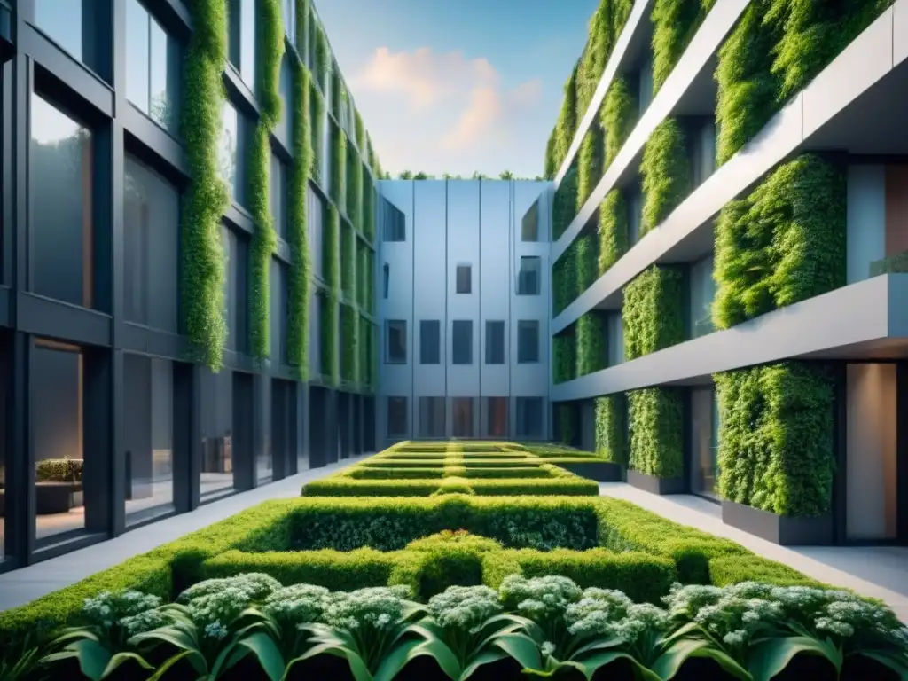 Complejo futurista sostenible: innovación y armonía eco Futurista complejo sostenible con paneles solares, muros verdes y pasarelas transparentes