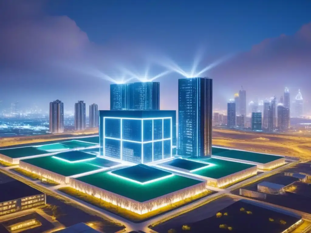 Avanzada construcción: drones blockchain en obra futurista Futurista construcción con drones blockchain supervisando desarrollo inmobiliario en ciudad tecnológica