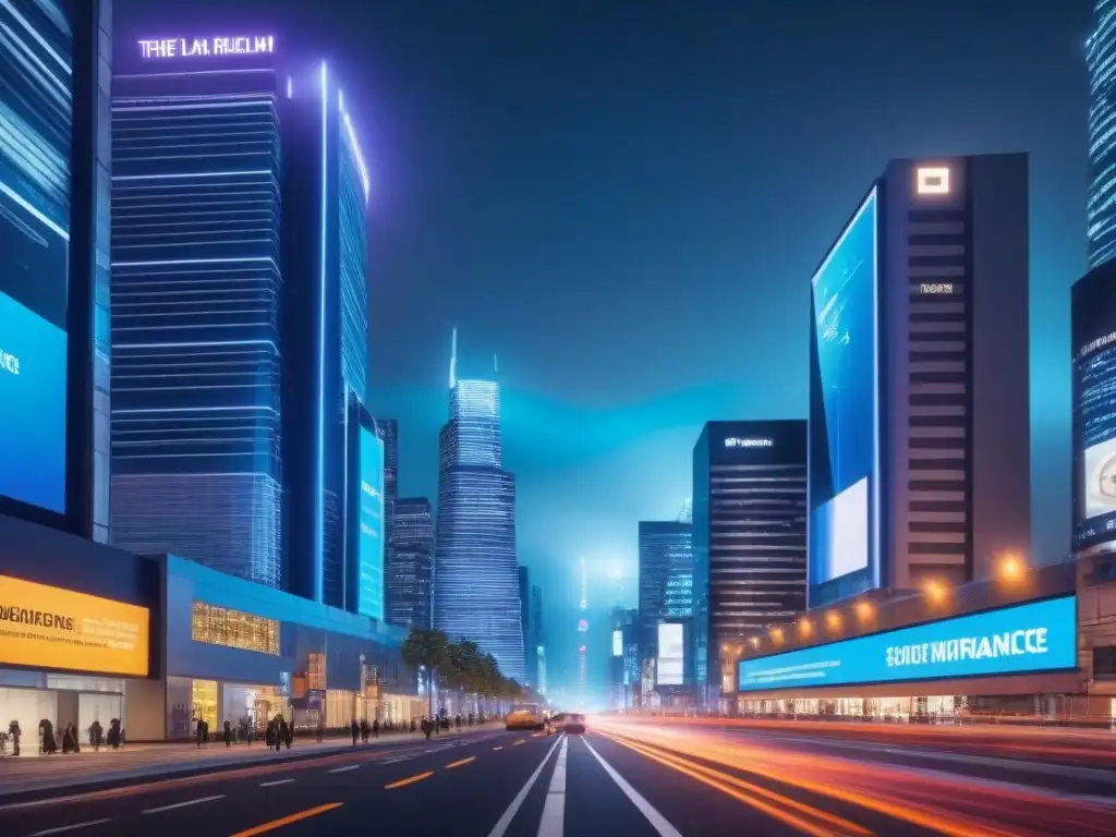 Edificio comercial de vanguardia: seguridad y éxito asegurado Futurista edificio con coberturas seguros propiedades comerciales, rodeado de pantallas digitales