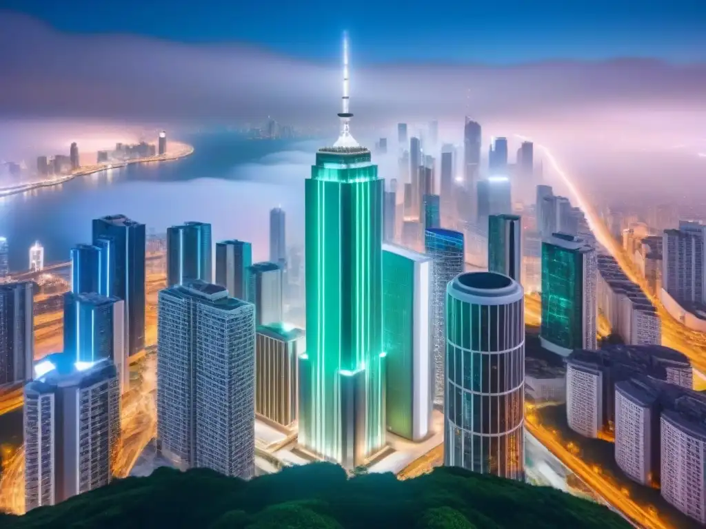 Proyección holográfica futurista de edificio de lujo en la ciudad de noche Proyección holográfica futurista de edificio de lujo en ciudad nocturna, estrategias de marca inmobiliaria irresistible mercado internacional