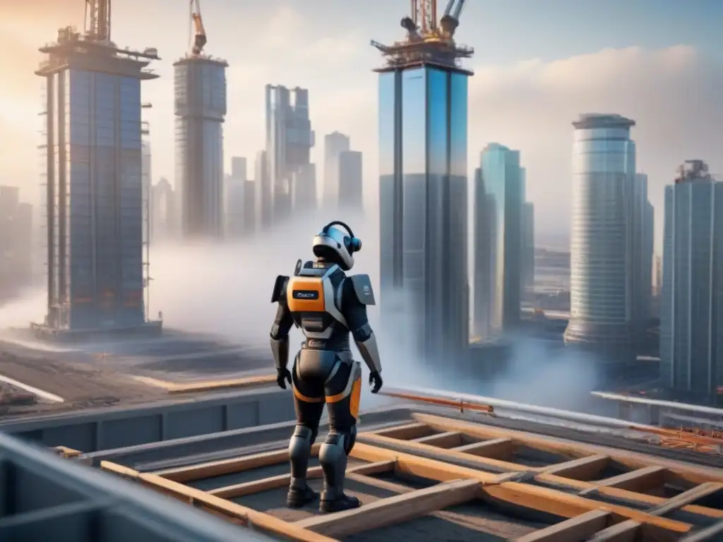 Construcción futurista: humanos y robots trabajando juntos Futurista escena en obra: humanos y robots construyen rascacielos en armonía
