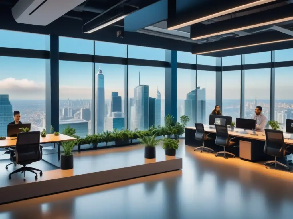 Espacio de coworking futurista: innovación y colaboración en la ciudad Un futurista espacio de coworking con alta tecnología y tendencias del mercado inmobiliario, profesionales colaborando y vista a la ciudad