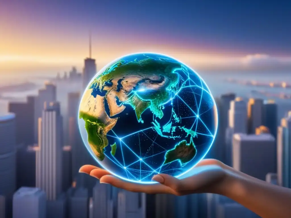 Redes de fusiones y adquisiciones globales en un mundo digital futurista Futurista globo digital conectado con líneas y nodos, ciudad virtual de alta tecnología