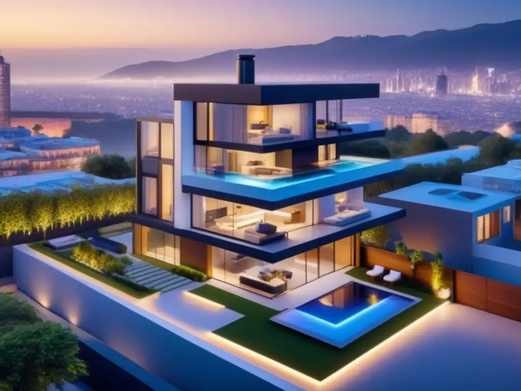 Smart home futurista en ciudad: IoT revoluciona real estate Futurista hogar inteligente en ciudad vibrante, con tecnología IoT integrada