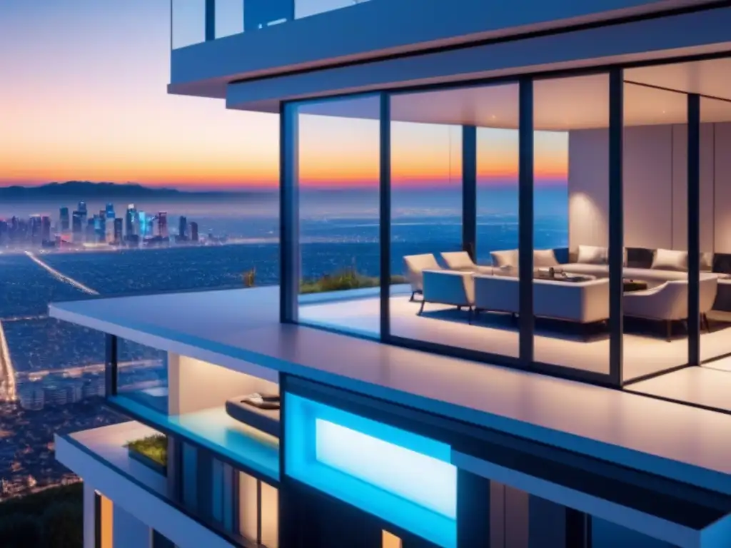 Smart Home Futurista: Tecnología AI en Acción Diseño futurista de hogar inteligente con Integración de Inteligencia Artificial en Gestión Inmobiliaria