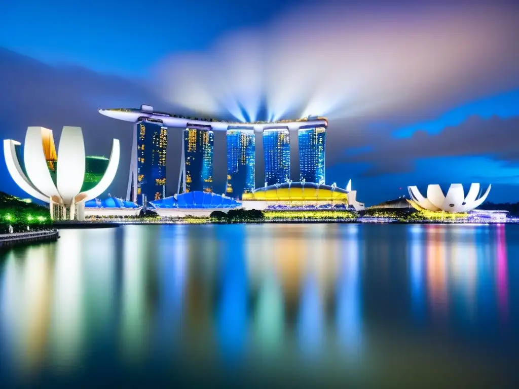 Horizonte futurista de Singapur: ecoinnovación nocturna El futurista horizonte de Singapur de noche reflejado en Marina Bay, destacando su modernidad y compromiso con el desarrollo sostenible