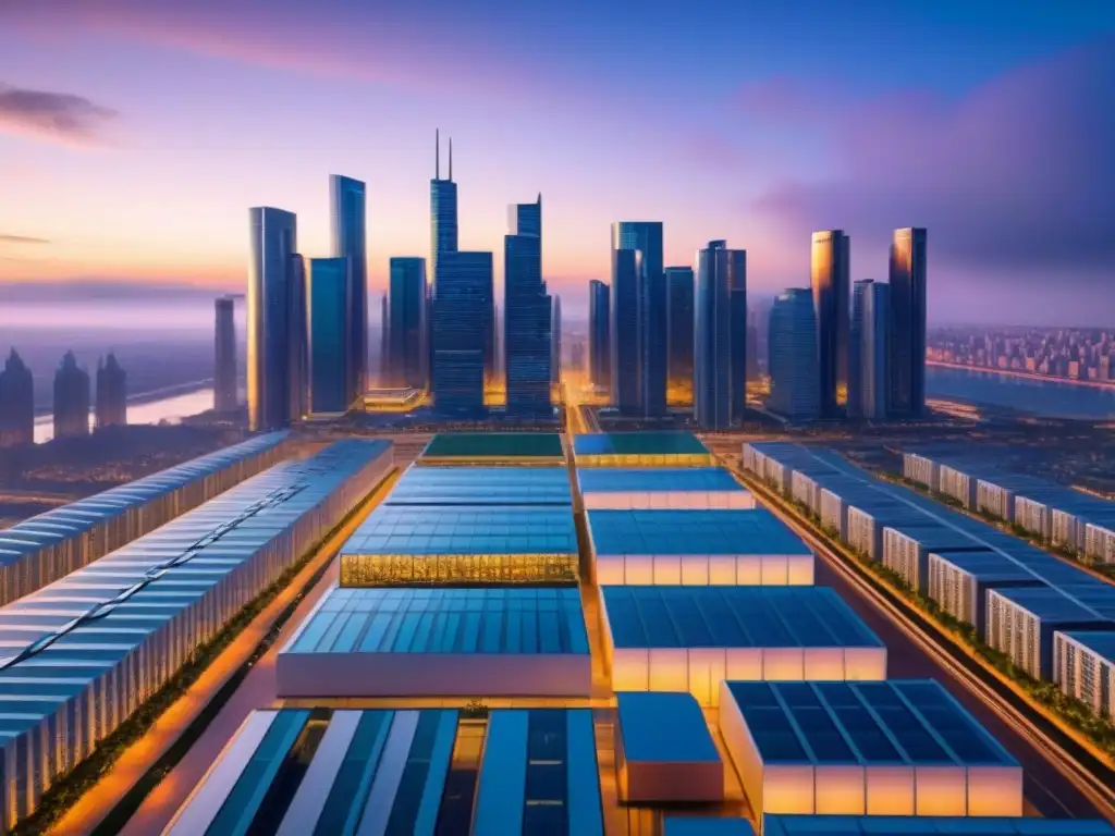 Visión futurista de ciudad con rascacielos y espacios verdes Un futurista horizonte urbano con rascacielos, transporte avanzado y espacios verdes