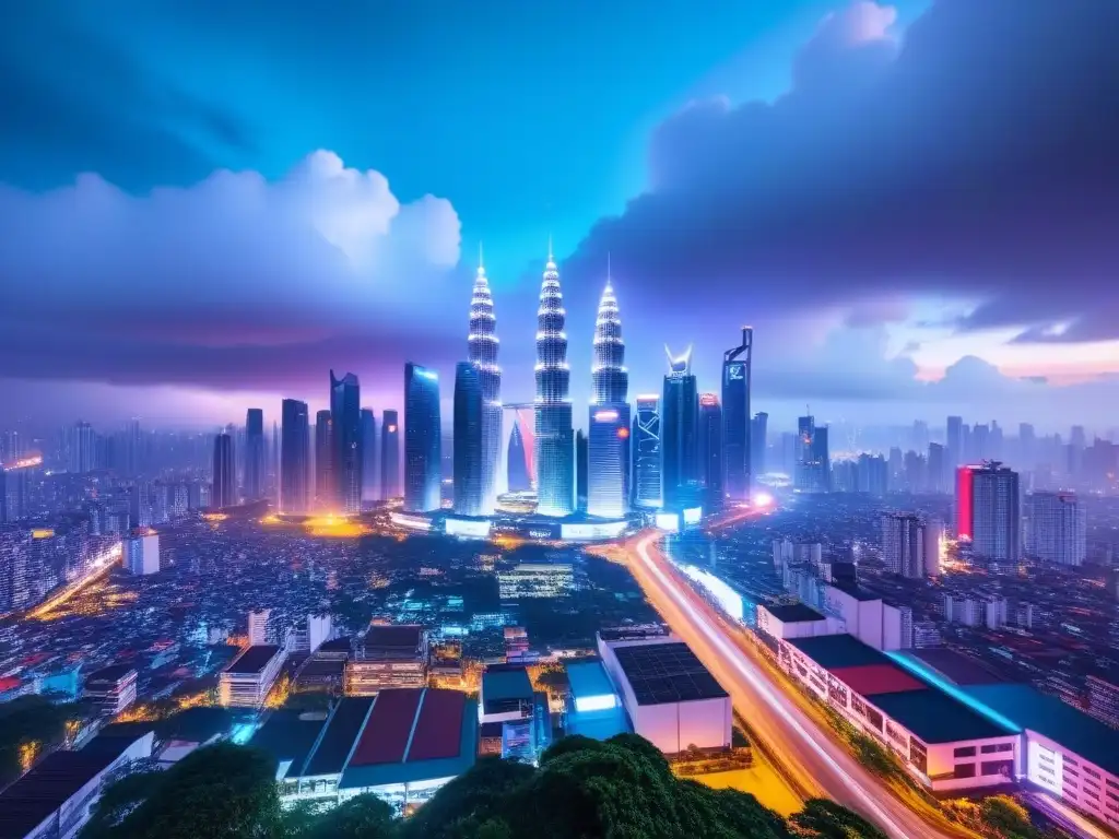 Horizonte futurista: ciudad vibrante del sudeste asiático en 8k Futurista horizonte urbano del Sudeste Asiático con rascacielos iluminados y vibrantes, simbolizando oportunidades inmobiliarias en la región