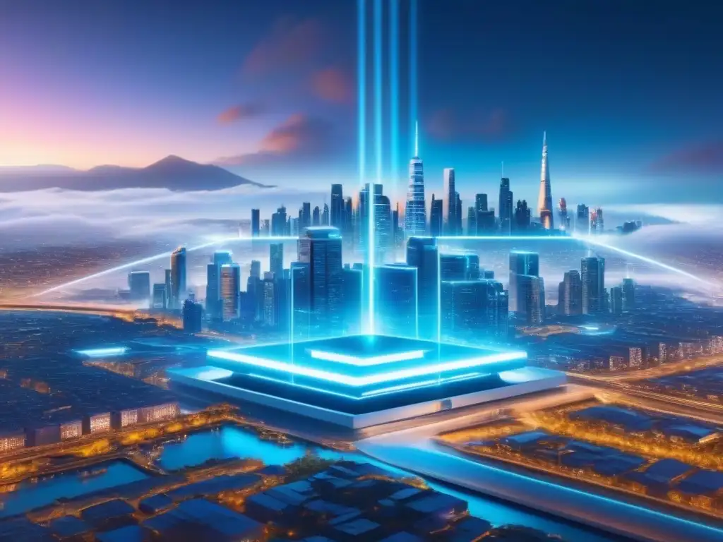 Integración tecnológica: VTS y RealPage unidos en innovación Futurista integración: logos VTS y RealPage con datos fluyendo entre ellos, en circuitos digitales y ciudad