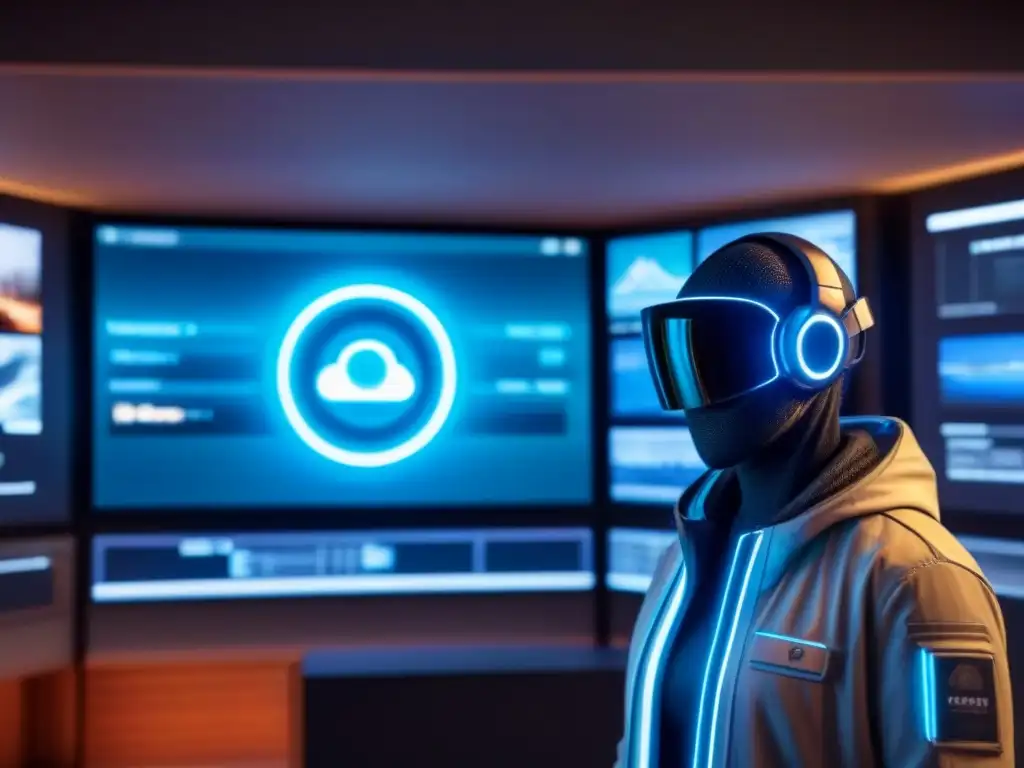 Ciberseguridad de lujo: interfaz digital futurista en propiedad exclusiva Futurista interfaz digital se fusiona con lujosa propiedad, simbolizando la importancia de la ciberseguridad en inversión inmobiliaria