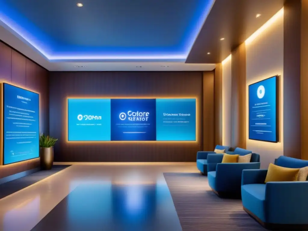 Recepción de lujo: fusión de tecnología AI y servicio personalizado Futurista lobby de resort vacacional con IA en mercado inmobiliario