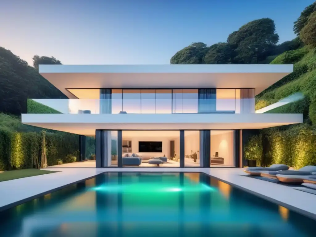 Mansión inteligente futurista: lujo y tecnología en armonía Visión futurista de una lujosa mansión inteligente en un entorno verde, representando la innovación en el mercado inmobiliario