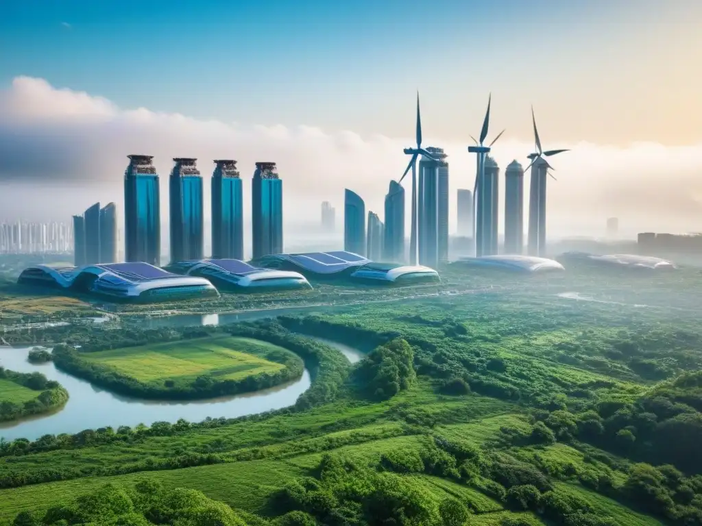 Metrópolis futurista ecoamigable en armonía con la naturaleza Futurista ciudad eco con megaconstrucciones verdes, armonía con la naturaleza, impacto ambiental positivo