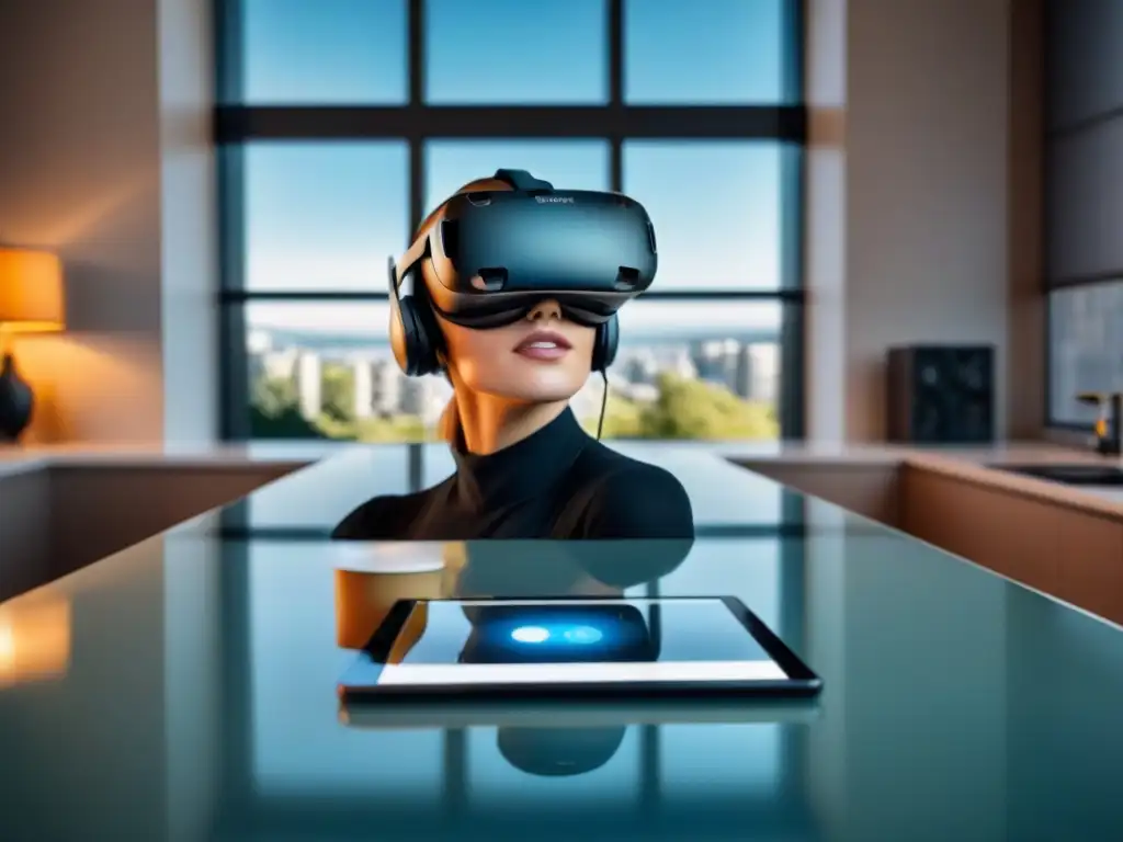 Realidad virtual inmersiva para propiedades de lujo Un VR futurista en mesa de cristal con planos y tablet, proyecta tour virtual de propiedad de lujo