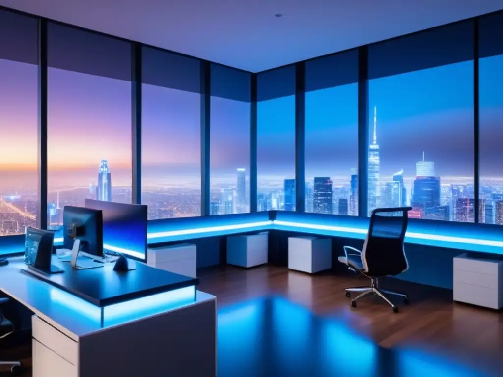 Oficina futurista con tecnología de vanguardia Futurista oficina con ciberseguridad para inversionistas inmobiliarios
