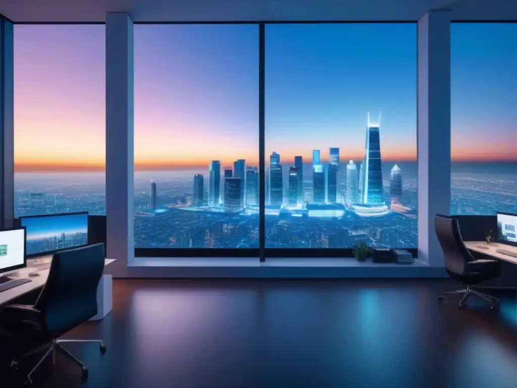 Oficina futurista con hologramas y VR en 8k Futurista oficina con datos financieros en hologramas y vista a una ciudad digital