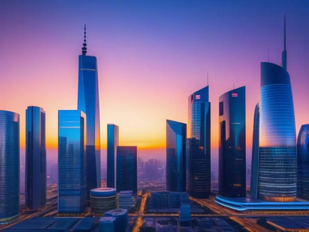 Horizonte futurista: seguridad y tecnología en inversión inmobiliaria Un futurista paisaje urbano con rascacielos reflectantes al atardecer, seguridad avanzada y multitud diversa