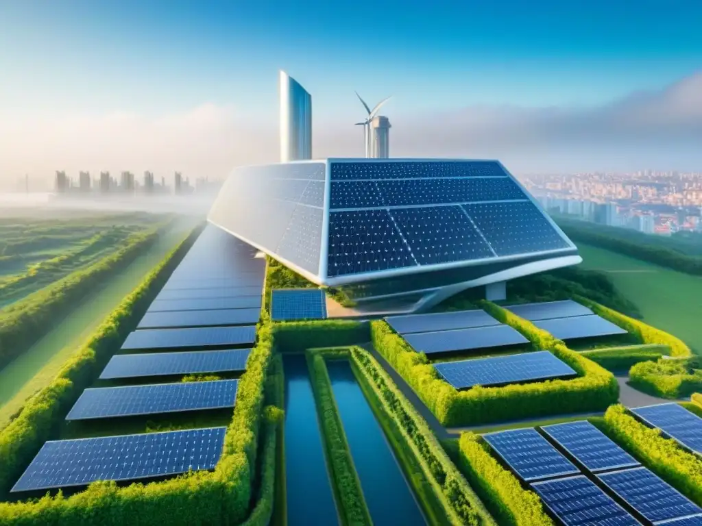 Eco-rascacielos futurista con energía renovable Ecoedificio futurista con paneles solares y turbinas eólicas en Energías Renovables en Inversión Inmobiliaria