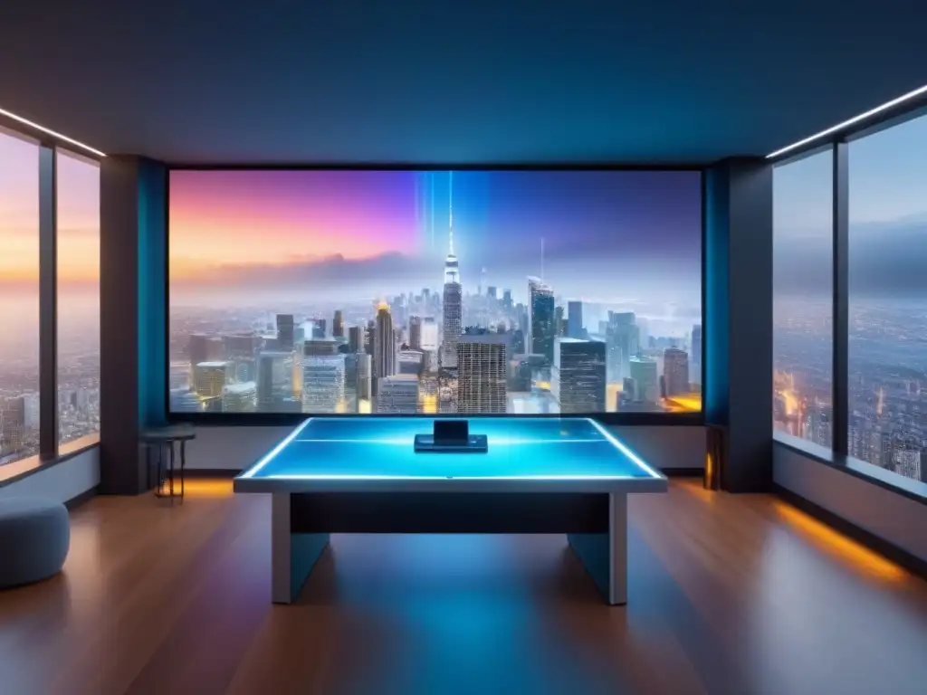 Innovación inmobiliaria: holograma 3D y datos en oficina futurista Una visualización holográfica futurista de una propiedad inmobiliaria en un entorno de oficina tecnológica de vanguardia