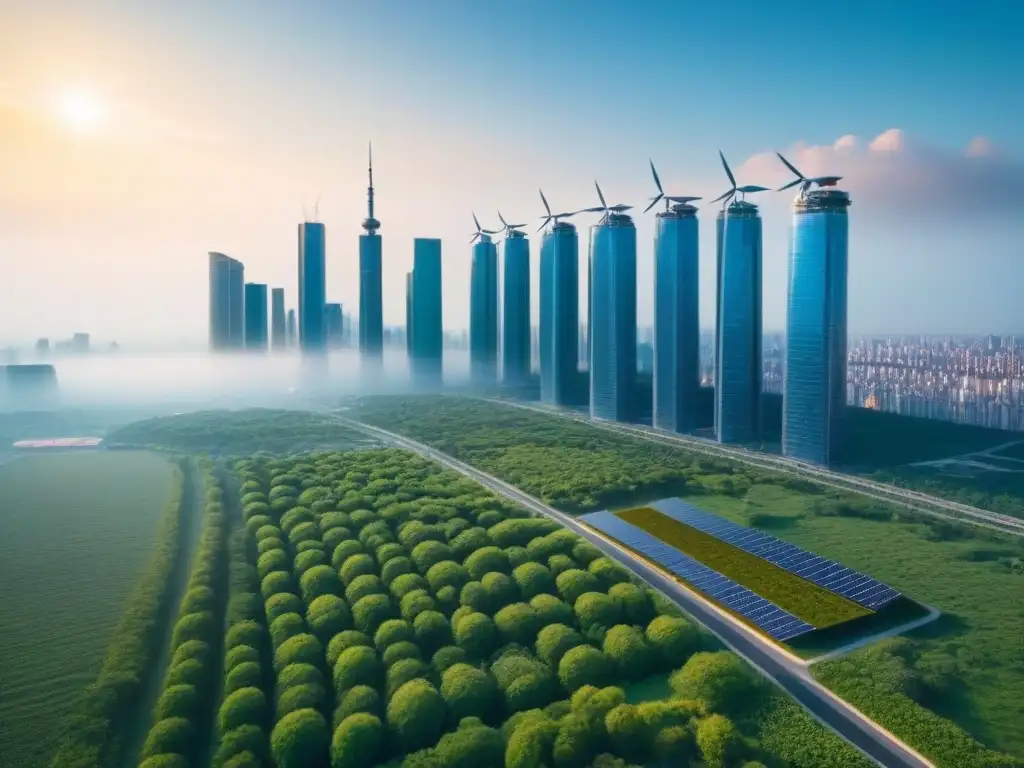 Metrópolis futurista: rascacielos ecológicos en armonía con la naturaleza Metrópolis futurista con rascacielos ecológicos, techos verdes y tecnología verde en valoración inmobiliaria