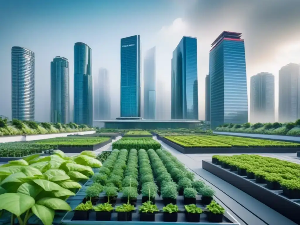 Metrópolis futurista: fusión arquitectónica ecológica Cityscape futurista con rascacielos y vegetación fusionados, simbolizando la unión en mercado inmobiliario internacional