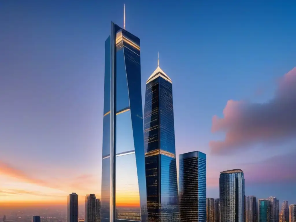 Edificios fusionados: Futurismo en la consolidación inmobiliaria Visión futurista de rascacielos fusionados, simbolizando sinergias postfusión mercado inmobiliario internacional