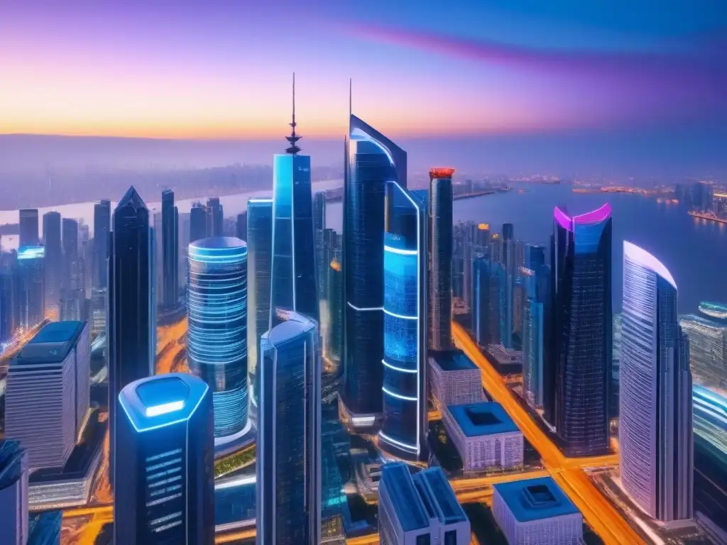Metrópolis futurista: skyline 8k con rascacielos y tecnología de vanguardia Futurista metrópolis con rascacielos iluminados por luces de neón, simbolizando innovación en M&A inmobiliarias internacionales