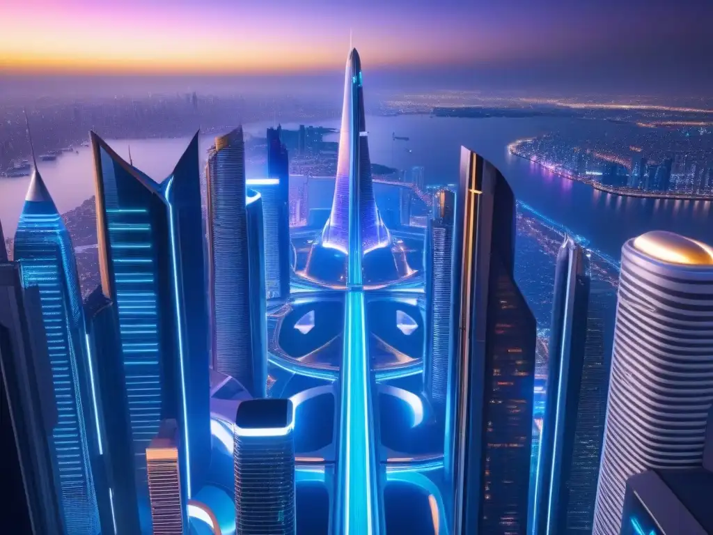 Metrópolis futurista: rascacielos brillantes y transporte avanzado Metrópolis futurista con rascacielos, monorraíles y autos voladores