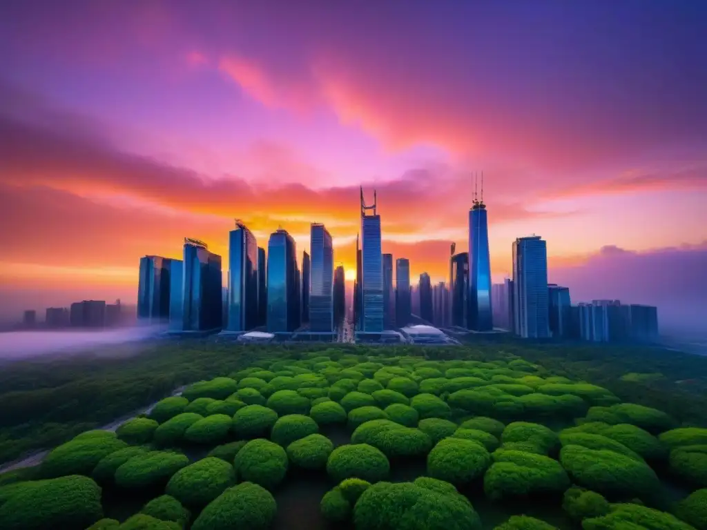 Resiliencia urbana: Futuro tras la adversidad Cityscape futurista de rascacielos post-desastre, representando adaptaciones para propiedades post-desastres en el mercado inmobiliario global