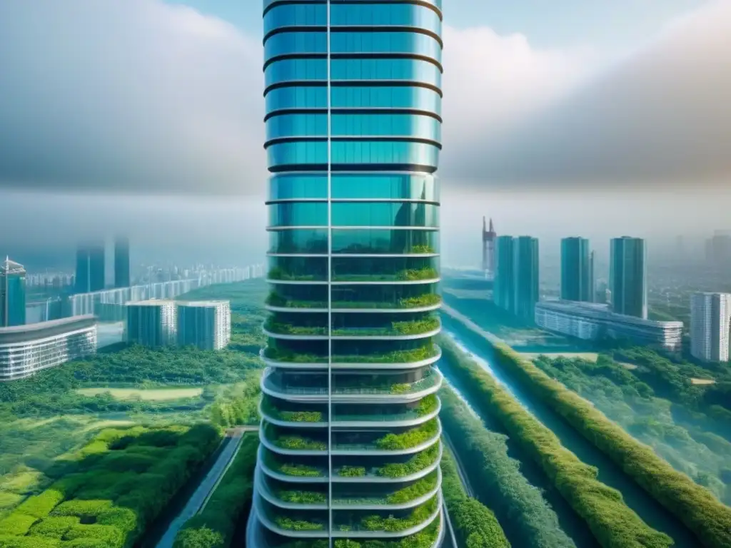 Rascacielos futurista entre naturaleza exuberante: armonía arquitectónica Futurista rascacielos rodeado de naturaleza, fusionando arquitectura moderna y naturaleza en el mercado inmobiliario internacional