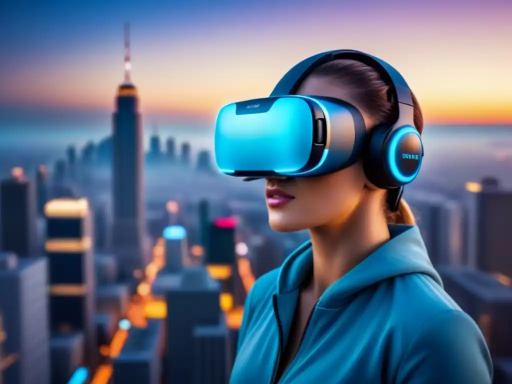 Realidad virtual inmobiliaria: Futurista headset 8k Futurista Realidad Virtual en Inversiones Inmobiliarias: casco iluminado en ciudad digital