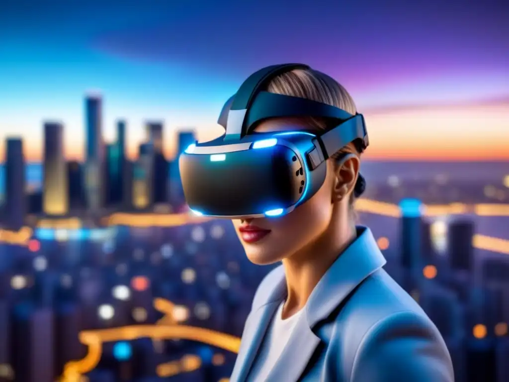 Headset de Realidad Virtual Futurista en Ciudad Tecnológica Futurista auricular de realidad virtual con patrones de circuitos, en ciudad al atardecer, con gráficos financieros