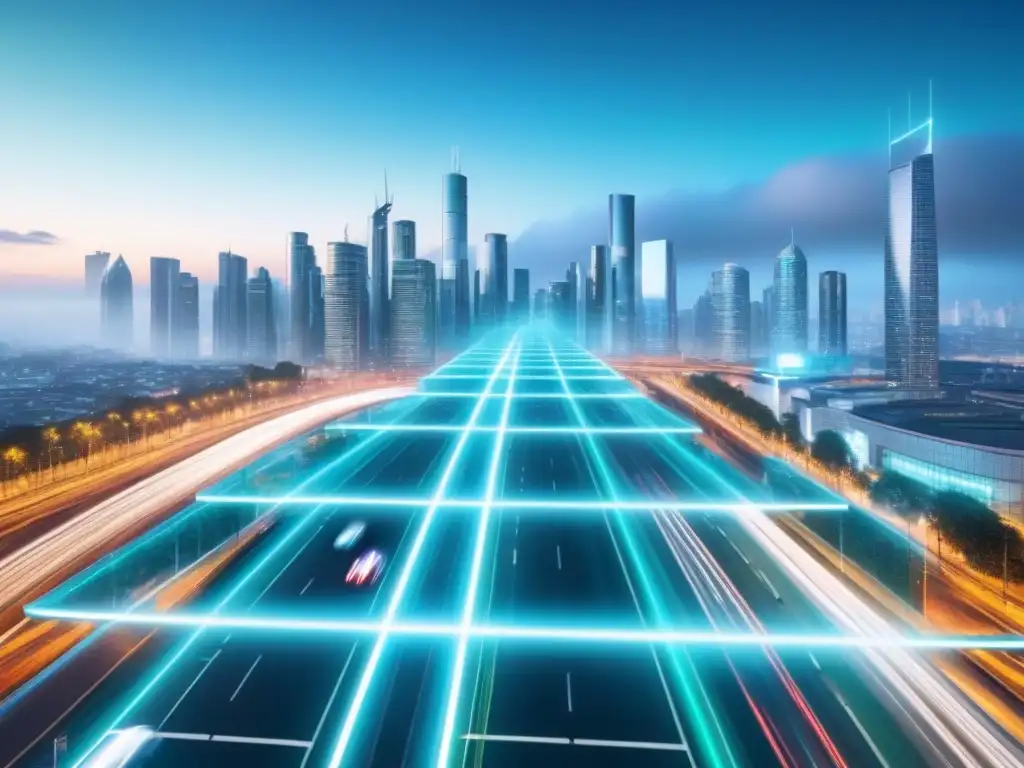 Inversión Inmobiliaria Segura: Blockchain en la Ciudad Visión futurista de una red blockchain transparente sobre una ciudad moderna, simbolizando la verificación autenticidad inversiones inmobiliarias blockchain