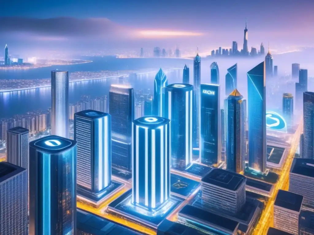 Horizonte futurista: inversión inmobiliaria y criptomonedas Futurista skyline con arquitectura tradicional y criptomoneda, reflejando la integración de inversión inmobiliaria internacional con criptomonedas