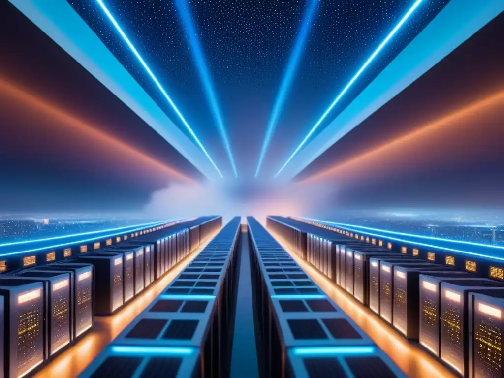 Centros de Datos Futuristas en un Skyline 8k Futurista skyline con centros de datos, arquitectura moderna y luces LED, en el mercado inmobiliario internacional