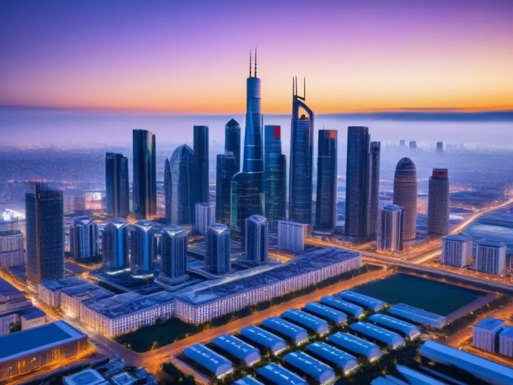 Smart City Futurista: Tecnología IoT en Edificios Energéticos Futurista skyline de una ciudad inteligente al anochecer, iluminada por luces LED y conectada por dispositivos IoT