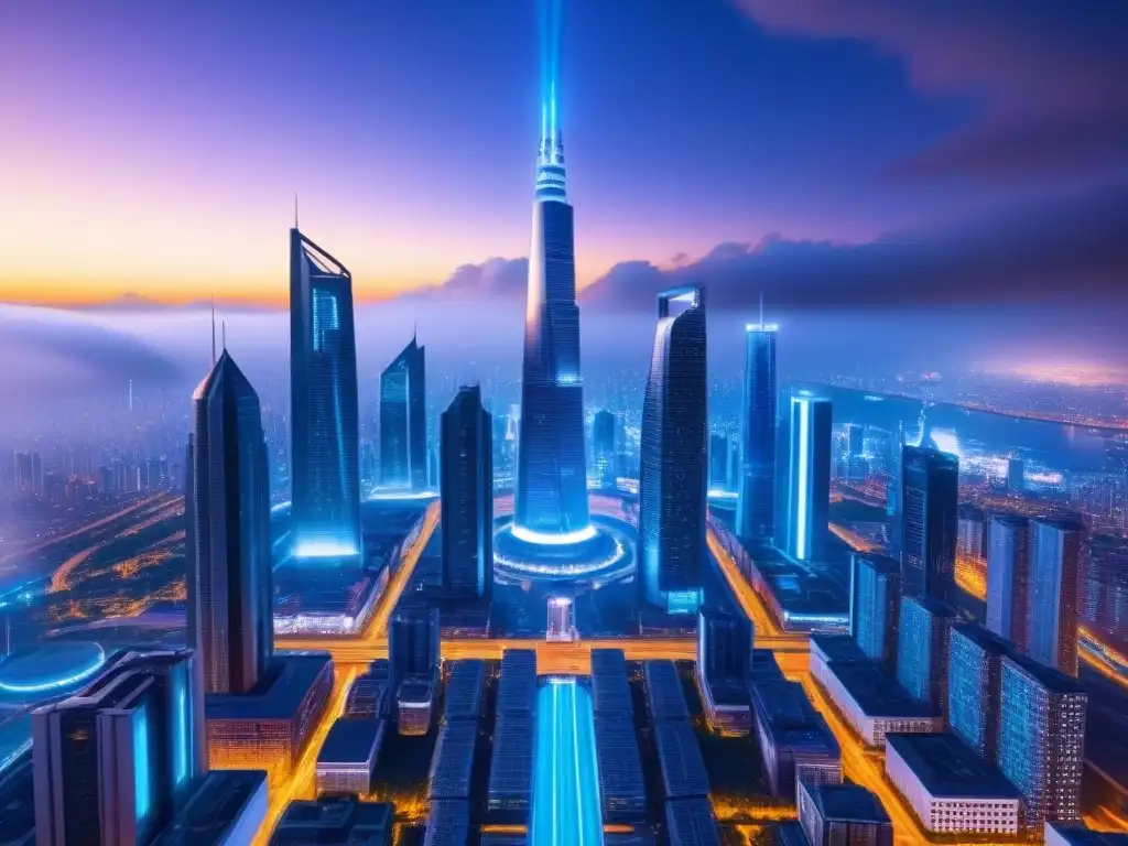 Horizonte urbano futurista: rascacielos innovadores y vehículos voladores Futurista skyline de ciudad con rascacielos iluminados por luces neón y vehículos voladores