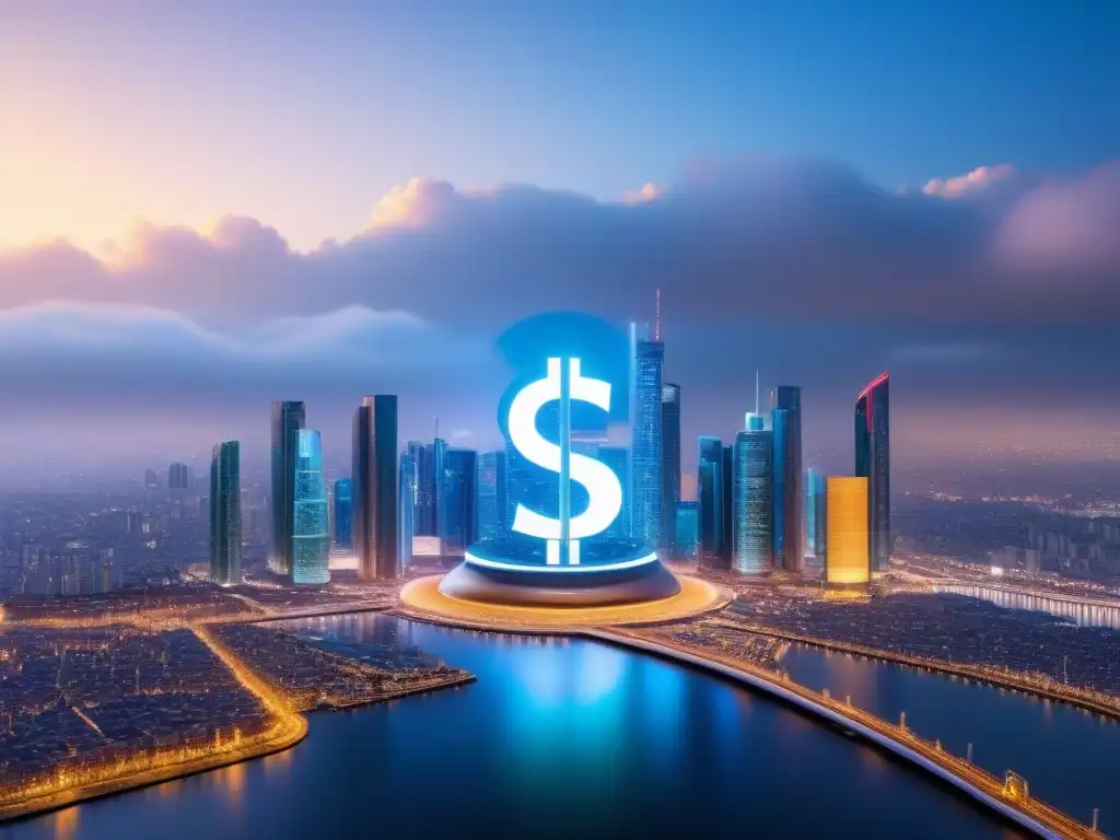 Horizonte futurista: Inversión inmobiliaria internacional con criptomonedas Futurista skyline de ciudad con símbolos de criptomonedas, reflejando la inversión inmobiliaria internacional con criptomonedas